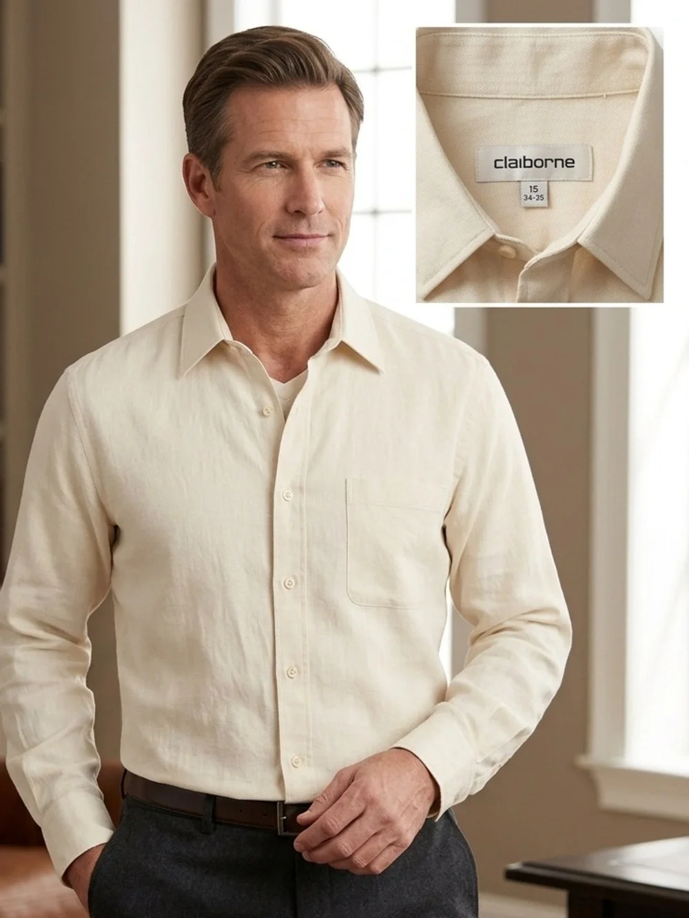 Claiborne Men’s Long-Sleeve Dress Shirt in Light Cream - Picture 1 of 5